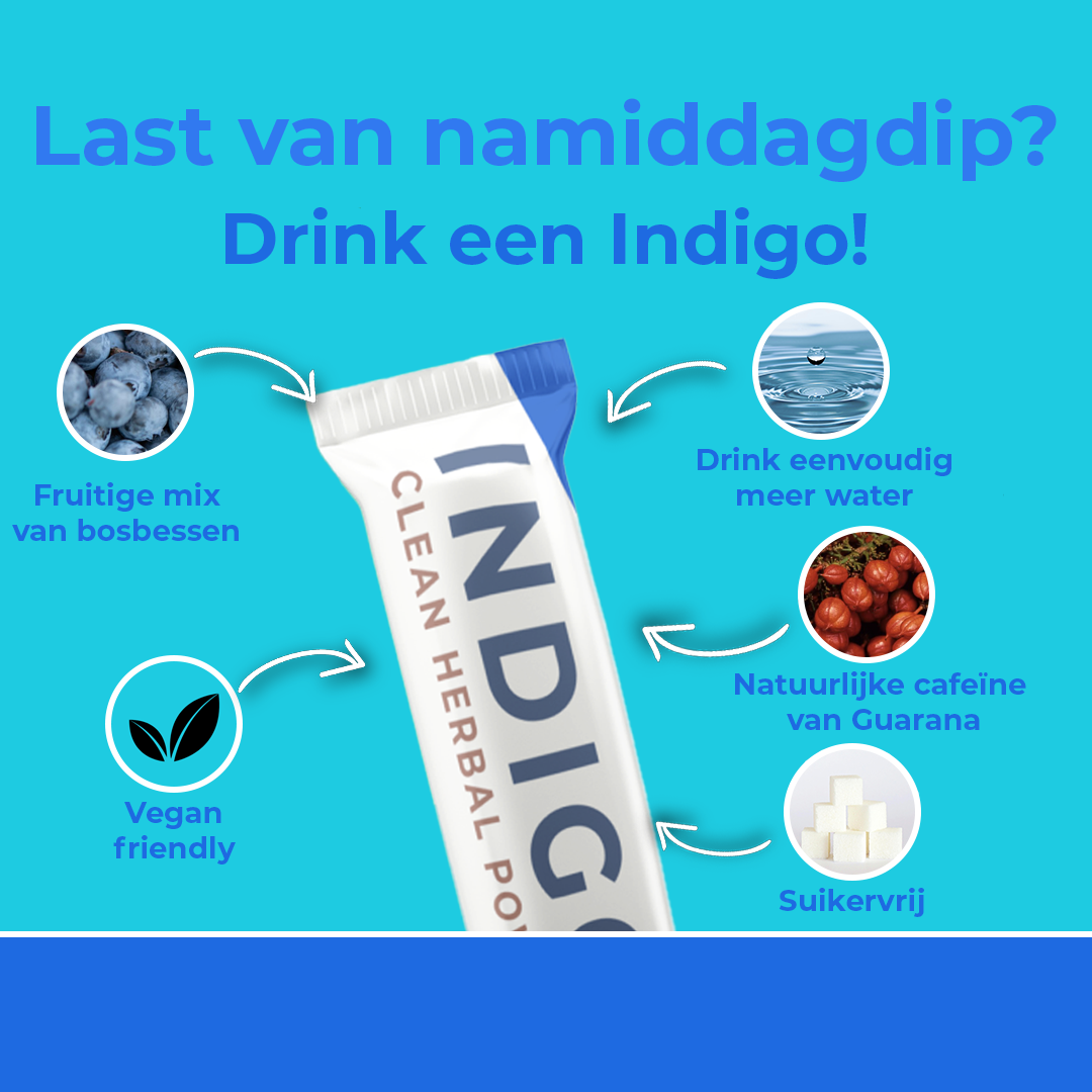 Indigo zakje op een blauwe achtergrond met productdetails uitgelicht